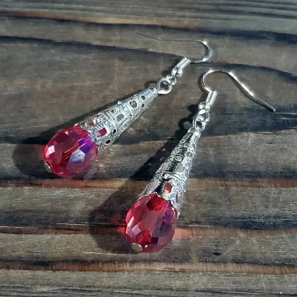 Handcrafted Caged Filigree Faceted Red Crystal Silver Teardrop Earrings - Picture 8 of 9